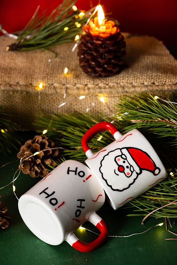 El Yapımı Seramik 2'li Noel Baba Ağacı Kupası, Seramik Fincan, Double Türk Kahvesi, Hoho - 1
