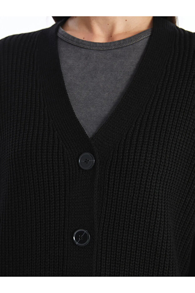 LCW Modest Siyah V Yaka Kendinden Desenli Uzun Kollu Kadın Triko Hırka - 4