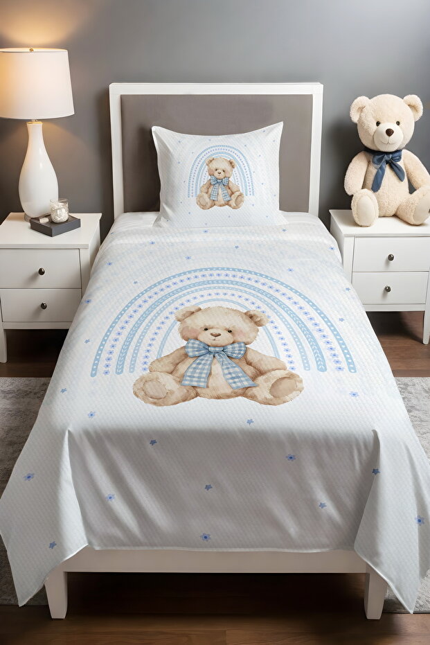 Blue Rainbow Cute Teddy Bear Patterned Single Baby Kids Pique Set