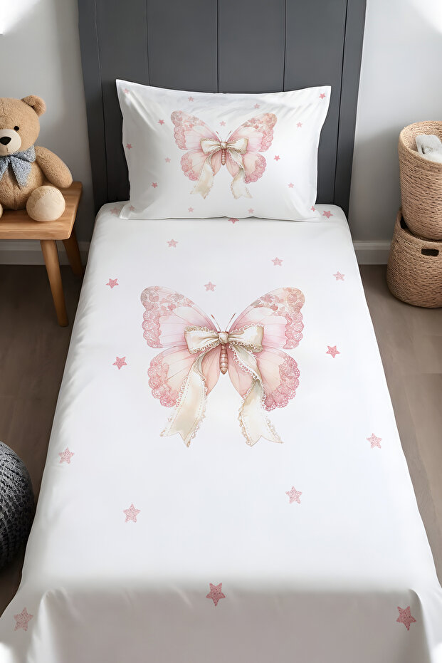 Butterfly Patterned Bedspread and Pillowcase with Starry Bow Detail