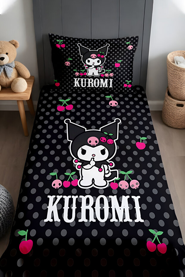 Pink Cherries and Kuromi Patterned Bedspread and Pillowcase