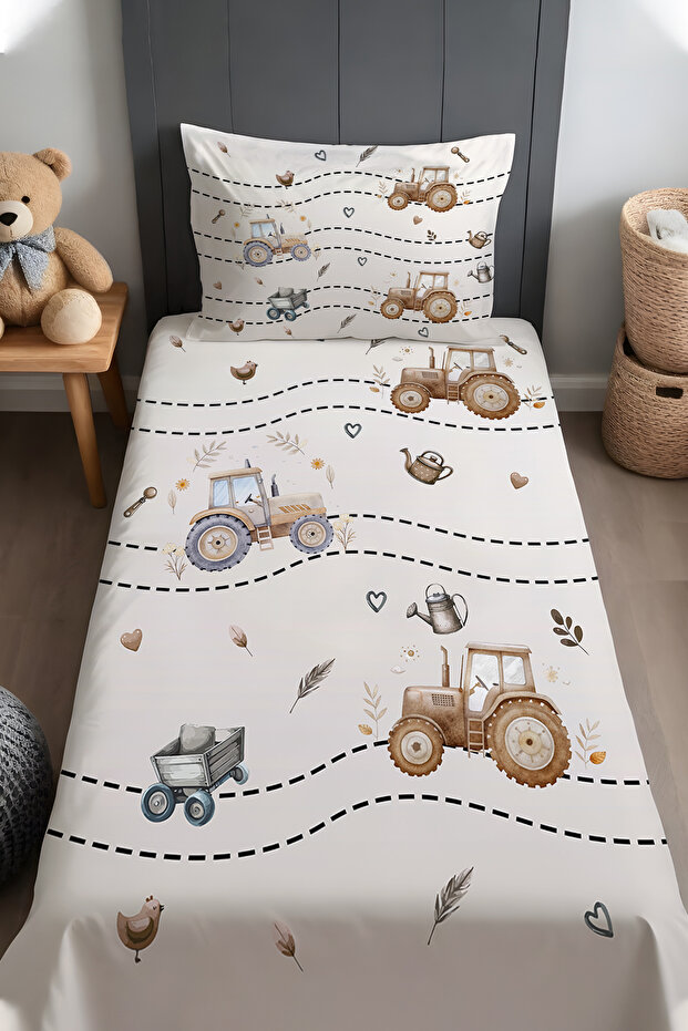Brown Tractor Pattern Bedspread and Pillowcase