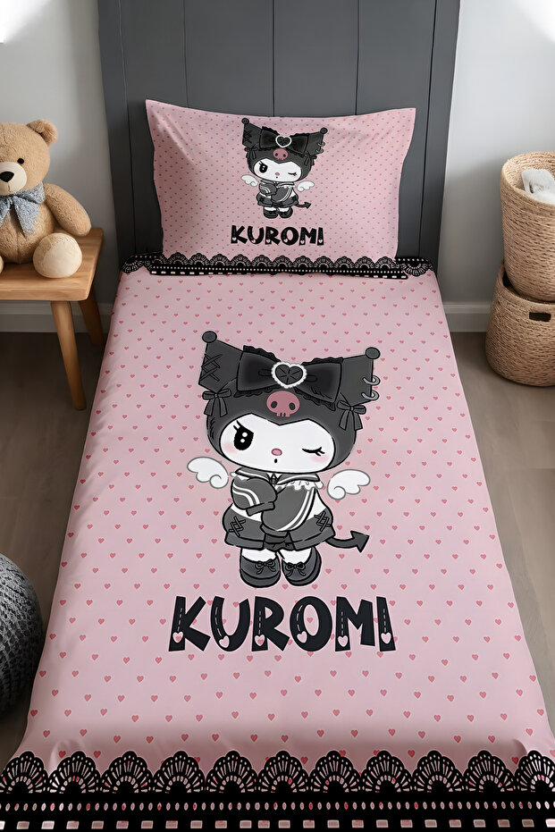 Pink Hearts and Kuromi Pattern Bedspread and Pillowcase