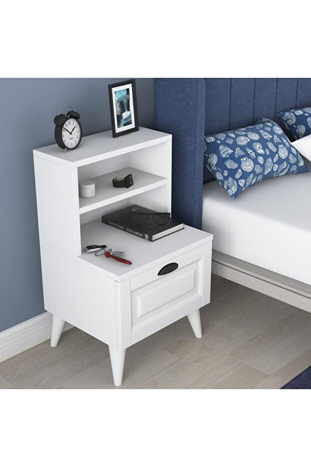 Bedside Table Night Stand with 2 Shelves and Membrane Drawer, White