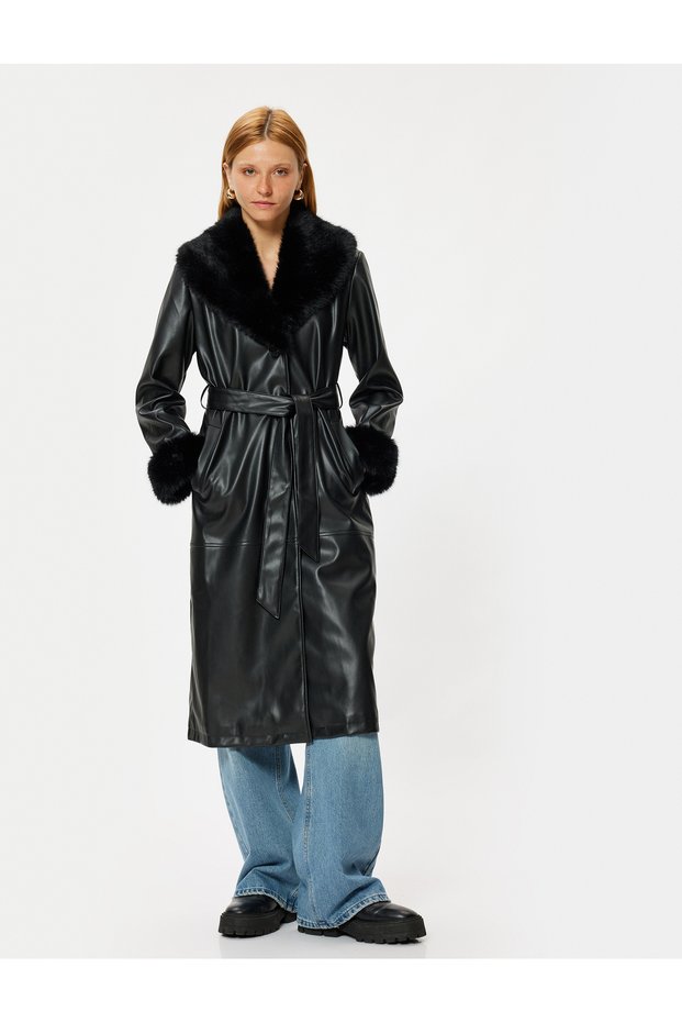 Faux Leather Long Trench Coat with Pockets, Belted Collar and Faux Fur Detail