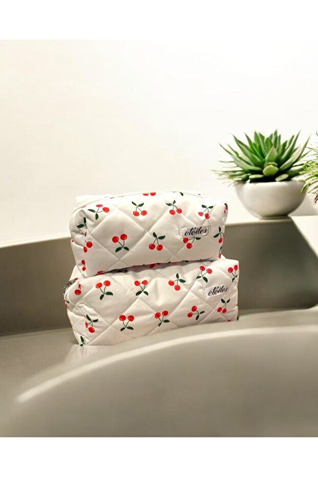 حقيبة مكياج منقوشة بالكرز حجم صغير - 2