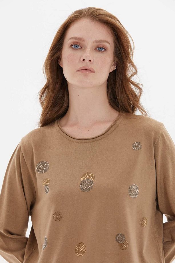 Taş Detaylı Bluz CAMEL - 3