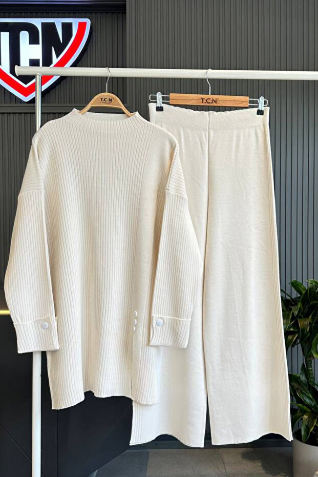 Women's White Standard Knitwear Ribbed Button Detailed Double Set Tunic Trousers Hijab Set