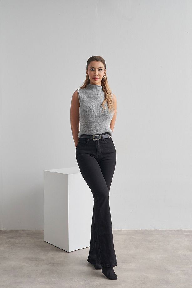 Kadın Siyah Yüksek Bel Likralı İspanyol Paça Marka Model Jean Pantolon - 1