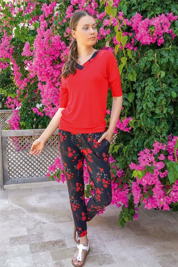 Women's Red Floral Pajama Set 10041