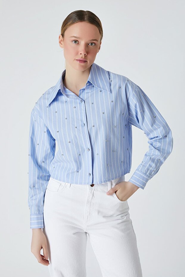 Parlak taşlı poplin gömlek - 1