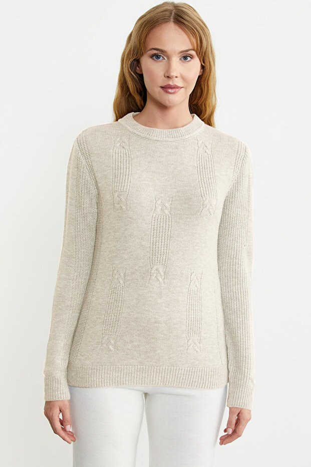 سترة تريكو منقوشة بلون الحجر برقبة دائرية - 1