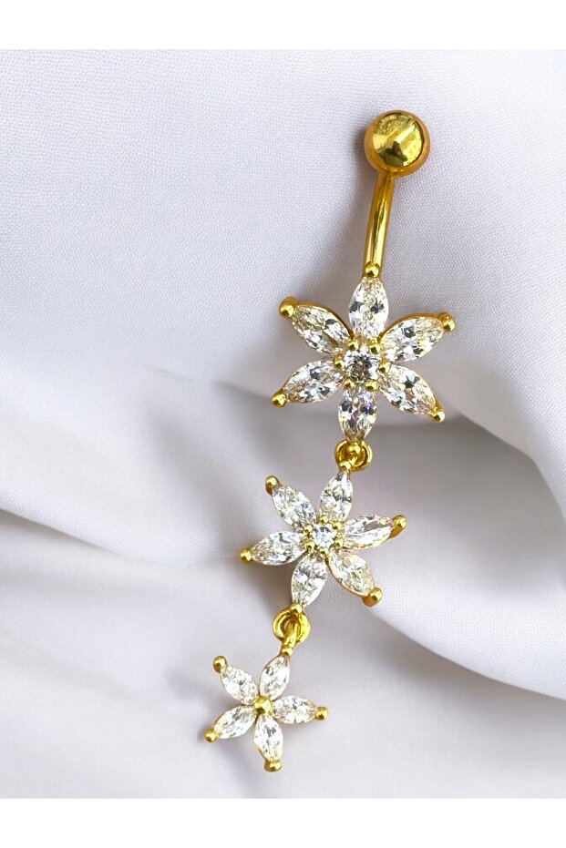 Çelik 316 L Çiçek Detaylı Sallanır Göbek Piercingi - 1