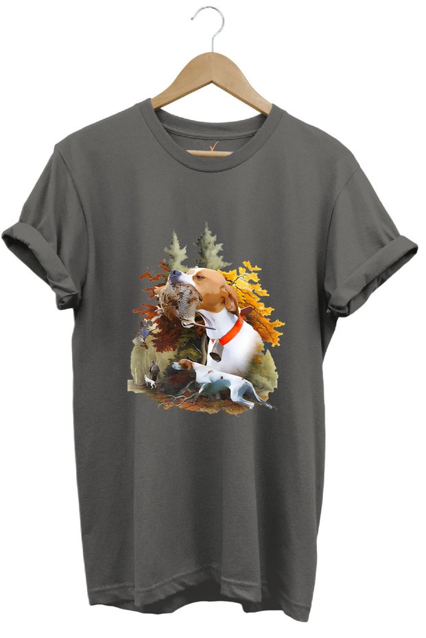 Hunting Hunting Whistle and English Pointer Hunting Dog Printed 100% Cotton Regular Fit Gray T-Shirt