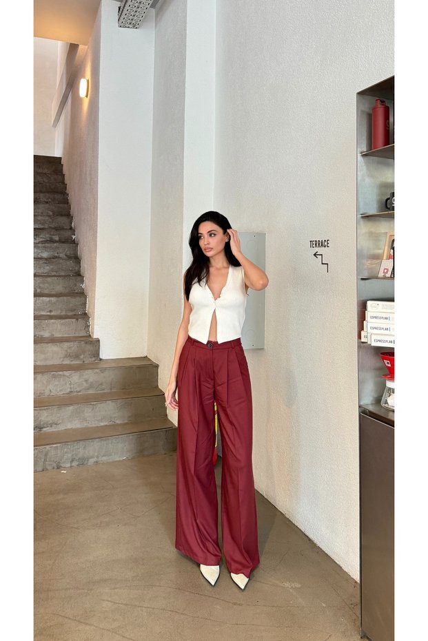 Polyviscose Fabric Pleated Palazzo Trousers