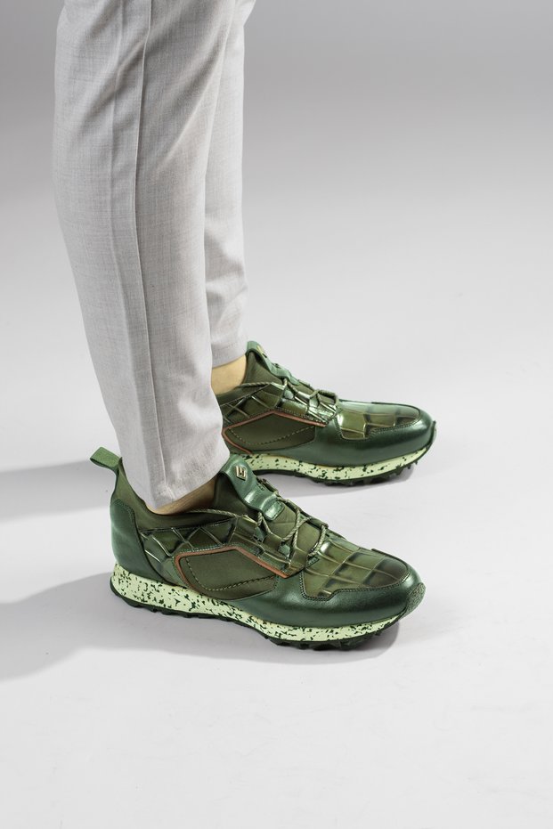 Gll1001 Men's 100% Genuine Leather Lace-Up Crocodile Patterned Scuba Fabric Casual Sports Shoes Orthopedic Comfortable Sneaker Stylish Men's Shoes