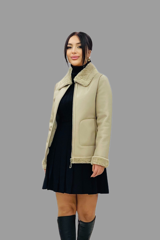 Fur Collar Faux Leather Coat 7107-24K