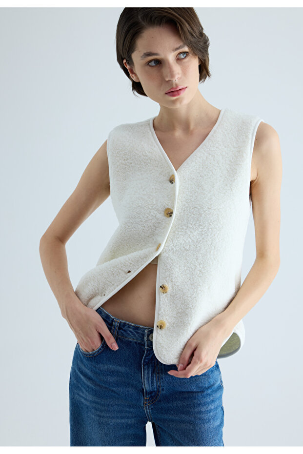 Women's Ecru Color Buttoned Plush Vest