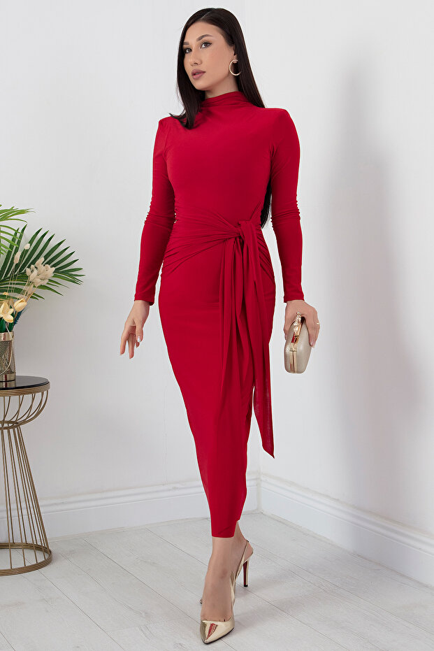 Dik Yaka Önden Bağlamalı Elbise NY4453 - 3