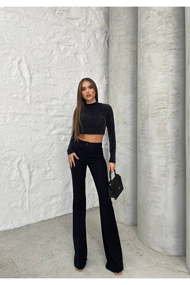 Simli Kumaş Sırt Dekolteli Crop Bluz - 3