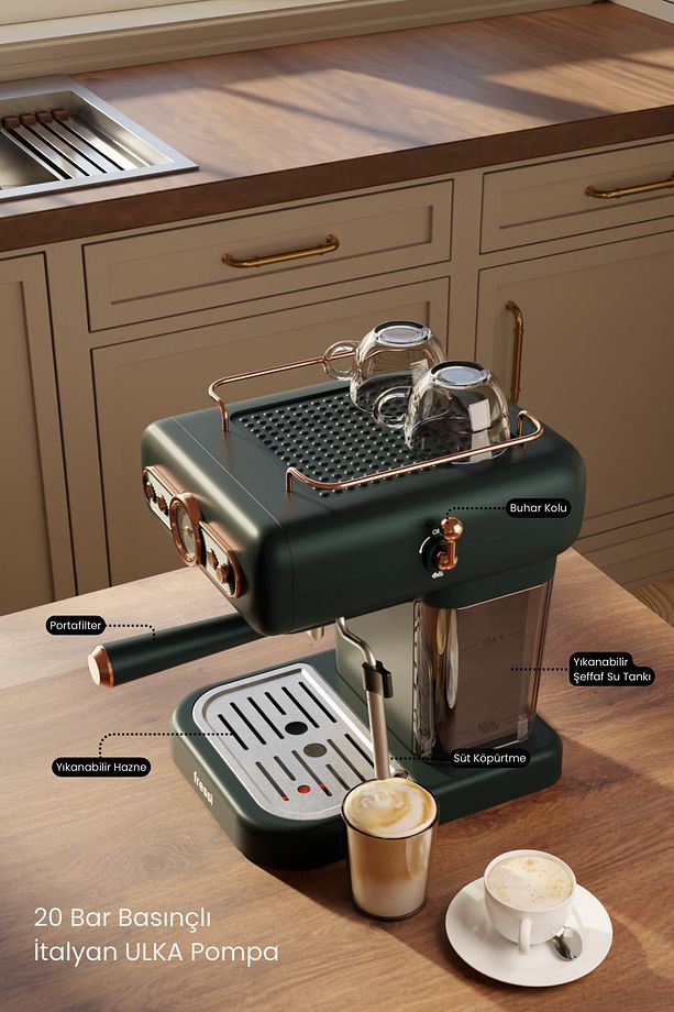 EM-01 Ristretto Süt Köpürtücülü 20bar Basınçlı Espresso Latte Cappuccino Americano Makinesi 1,2Lt - 5