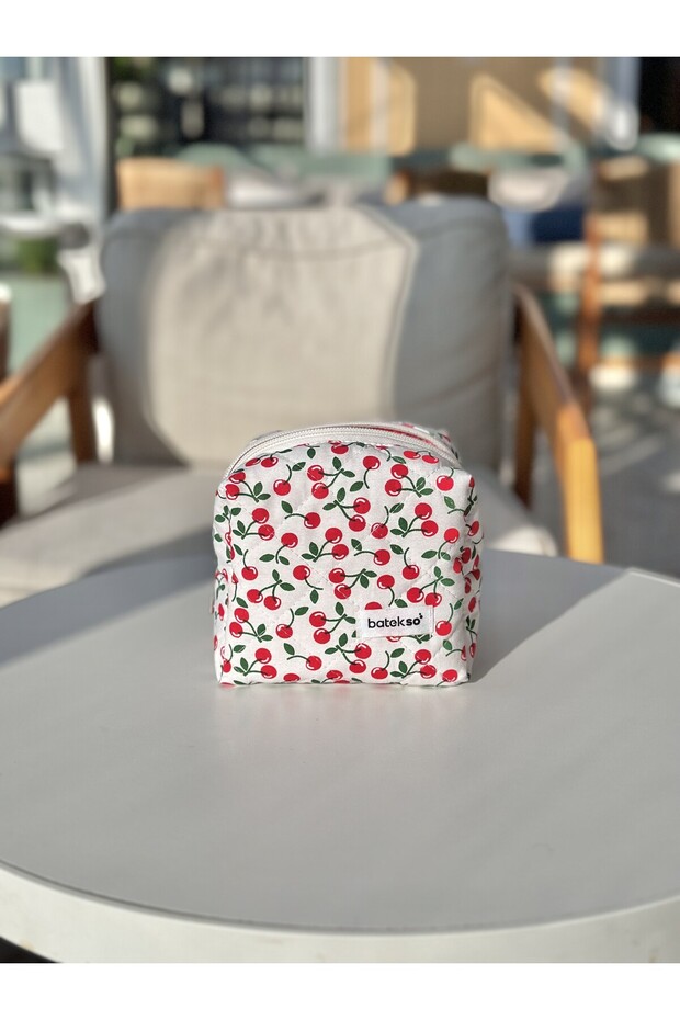 حقيبة مكياج منقوشة باللون الأحمر الكرزي - حجم صغير - 4