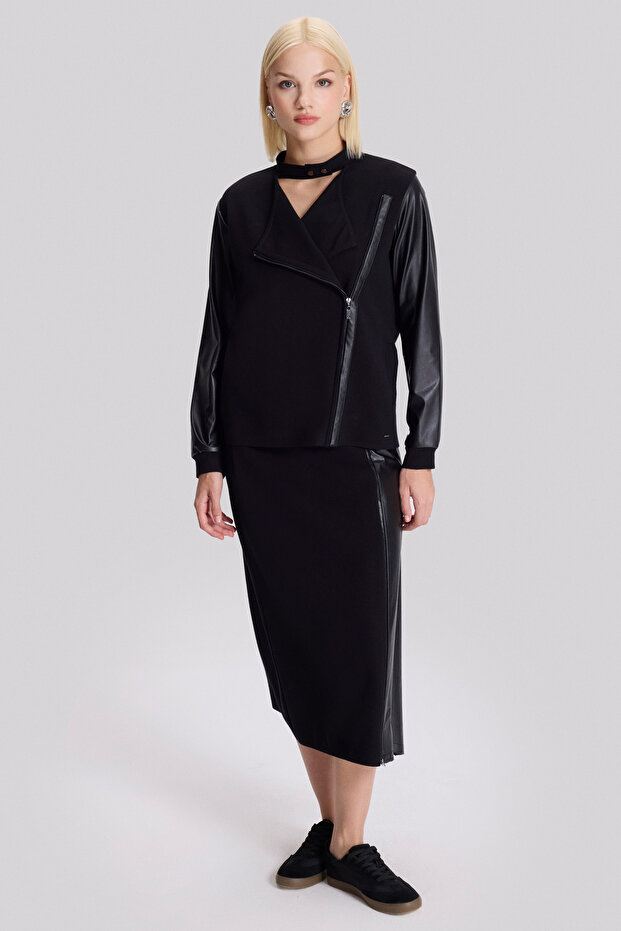 Deri Karışımlı Triko Ceket - 2