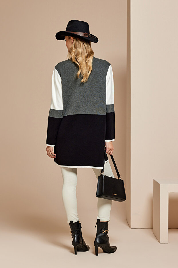 Color Blok Uzun Triko Hırka - 4