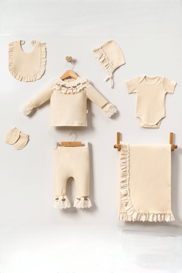 Rose Lace Collar Newborn Baby Girl 7 Piece Hospital Discharge Bodysuit Set with Blanket