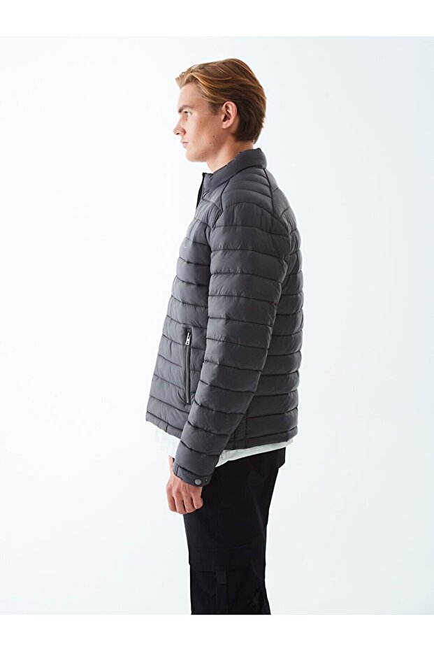 Düz Dik Yaka Koyu Grı Mont - 4