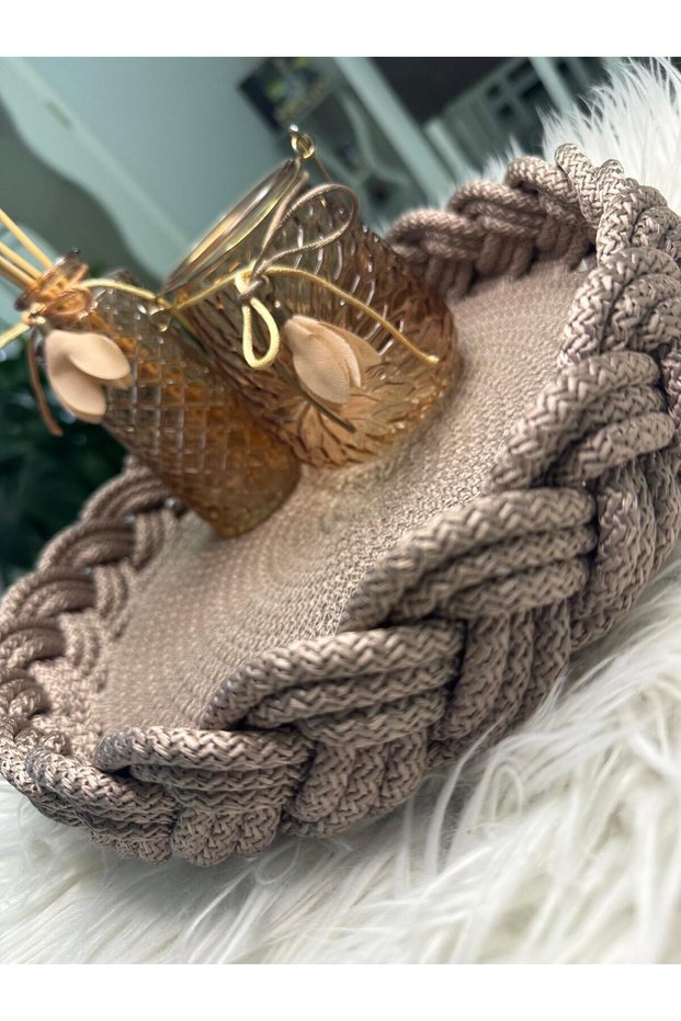 Decorative, Designer Basket with Woven Details, Made of Straw and Jute.