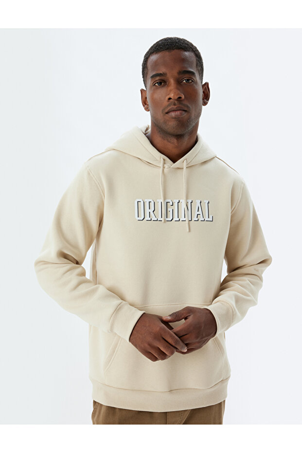 Hooded Sweatshirt with Slogan Print, Kangaroo Pocket Detail, and Embossed Cotton Blend