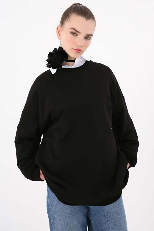 Siyah-3 İplik Oversize Basic Sweatshirt - 1