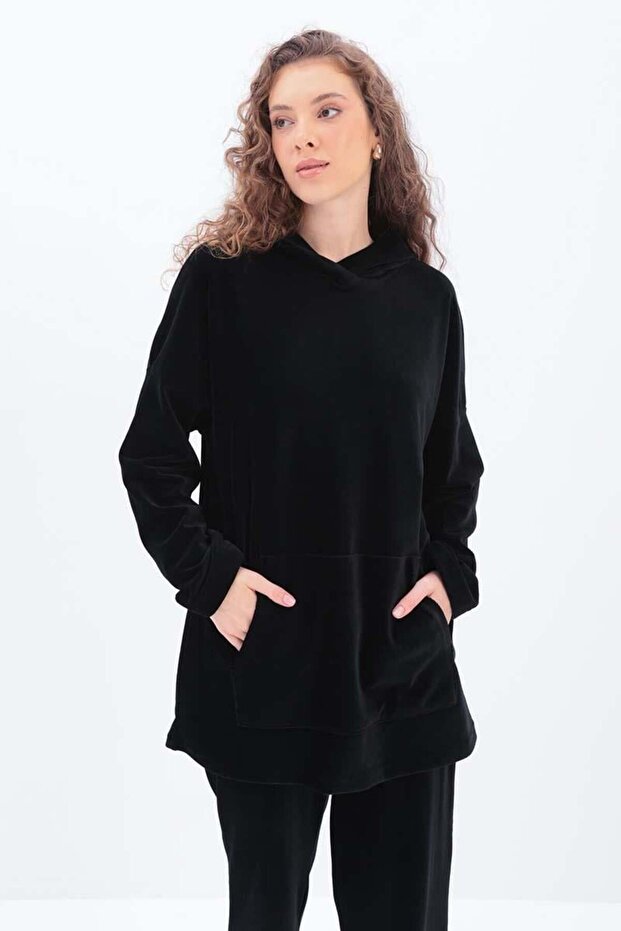 Black-Hooded Kangaroo Pocket Lycra Pants Suit