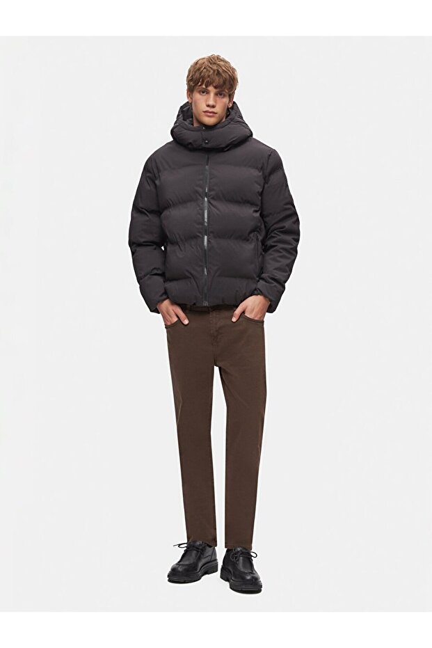 Kapüşonlu Şişme Siyah Mont - 1