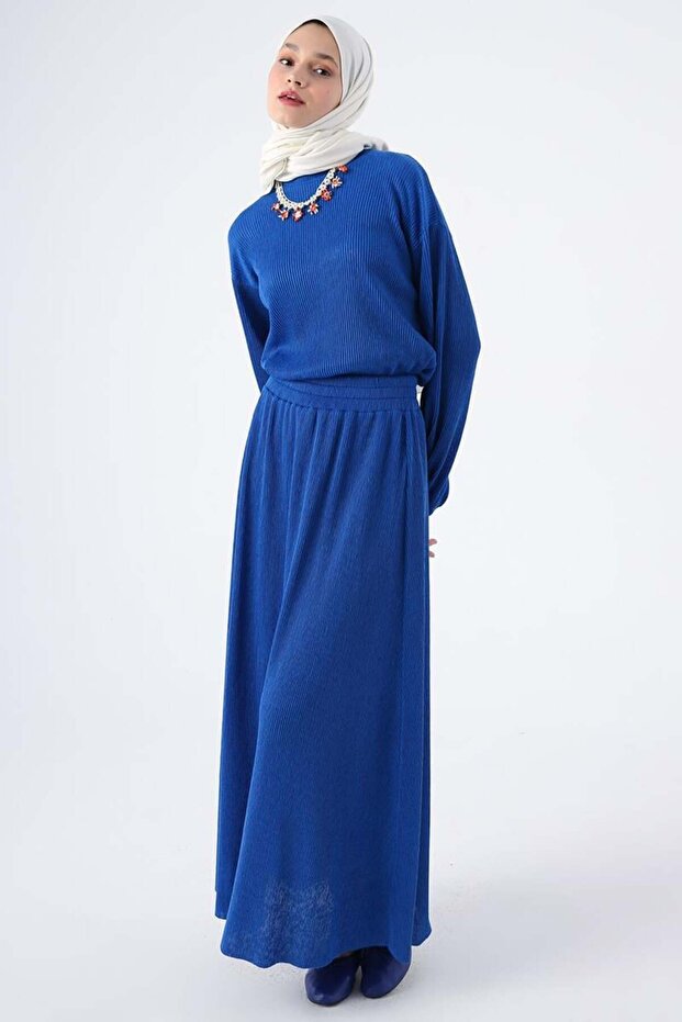 Cobalt Blue Pleated Slit Detailed Blouse and Skirt Suit