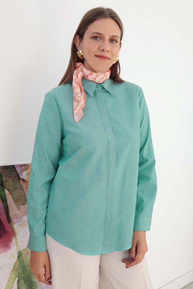 Yeşil-Basic Gizli Patlı Gömlek - 1