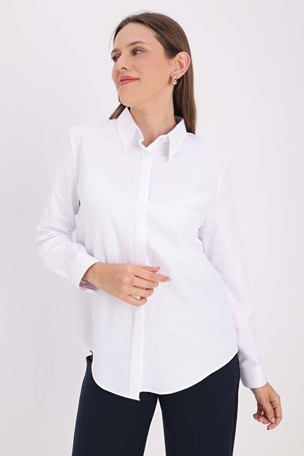 White-Cotton Hidden Placket Shirt