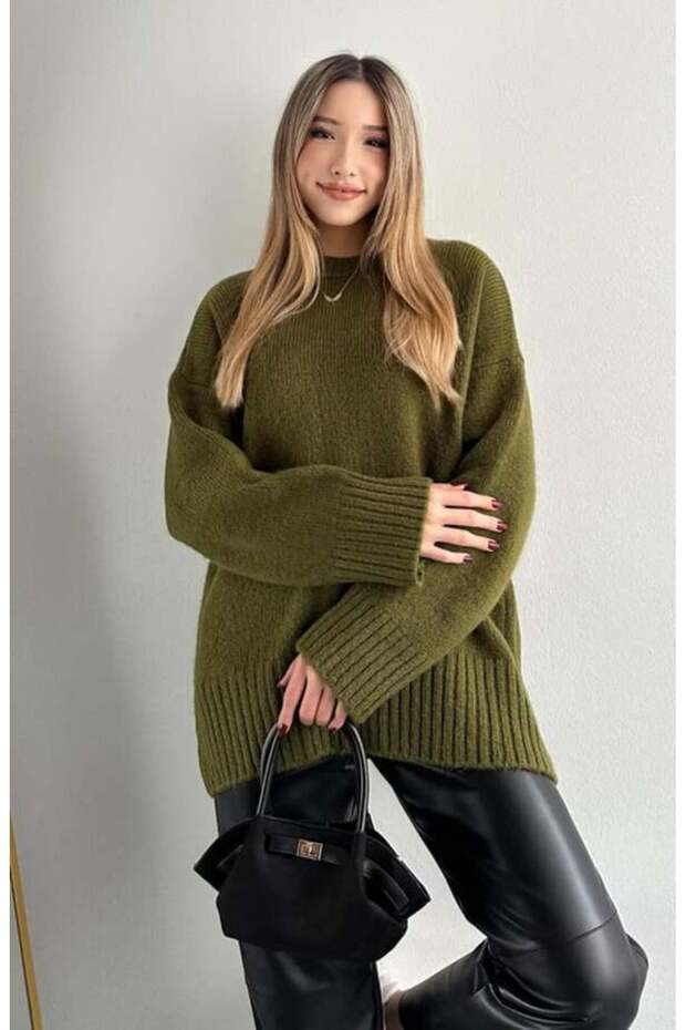 Women's Crew Neck Oversize Khaki Knitwear Sweater