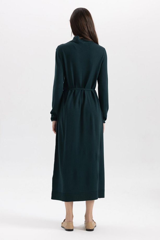 Regular Fit Yarım Balıkçı Yaka Basic Düz Yırtmaçlı Uzun Kollu Maxi Triko Elbise A9807ax23wn - 6