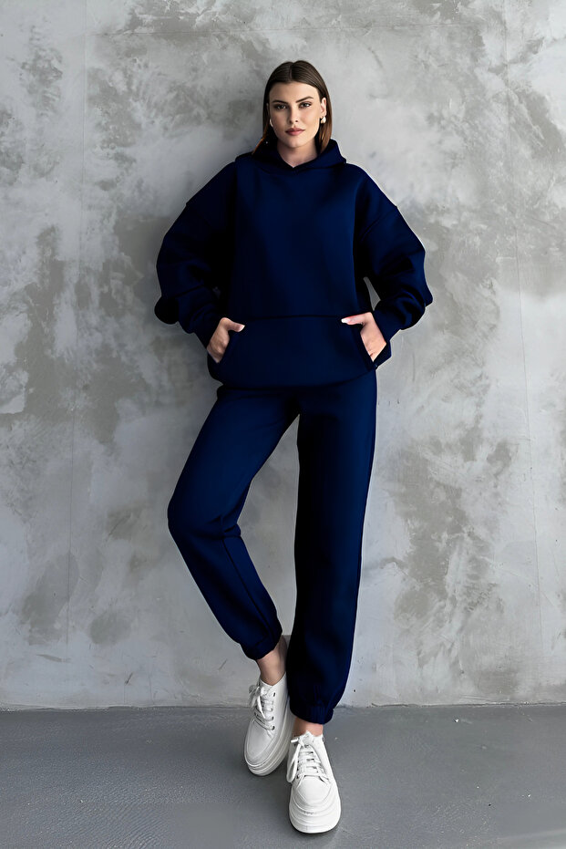 Men's Basic Oversize 3 Thread Thick Tracksuit Set - 2