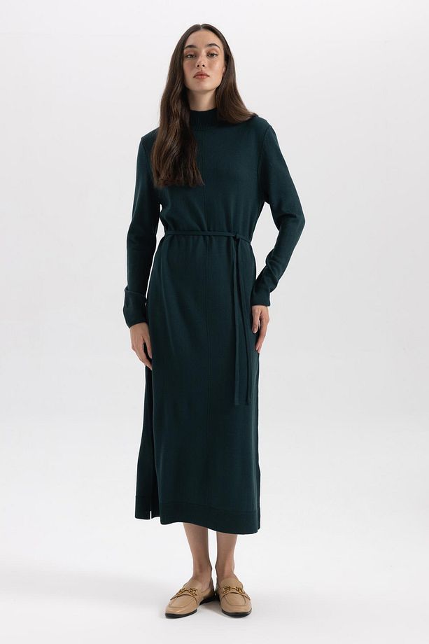 Regular Fit Yarım Balıkçı Yaka Basic Düz Yırtmaçlı Uzun Kollu Maxi Triko Elbise A9807ax23wn - 4
