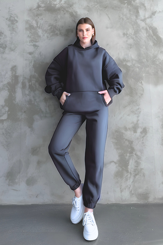 Men's Basic Oversize 3 Thread Thick Tracksuit Set - 2