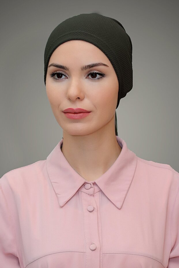Khaki Practical Ready-to-Fit Hijab Bonnet with Honeycomb Rose 1201_09