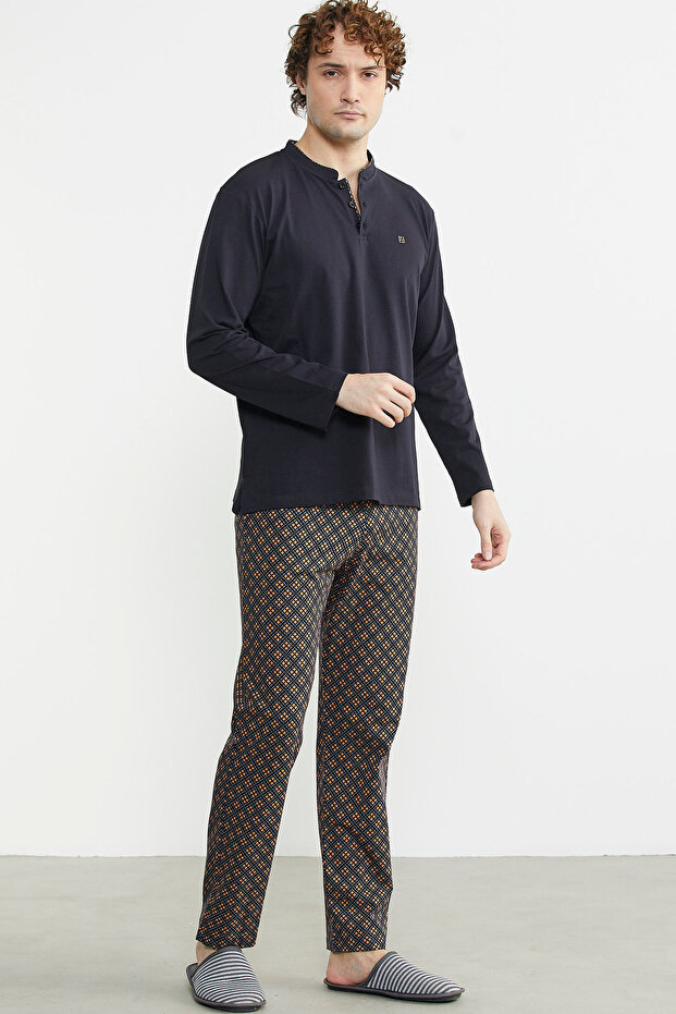 Patterned Combination Pajama Set - Buttoned, Brown - 1