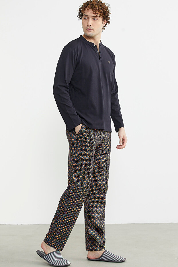 Patterned Combination Pajama Set - Buttoned, Brown - 5