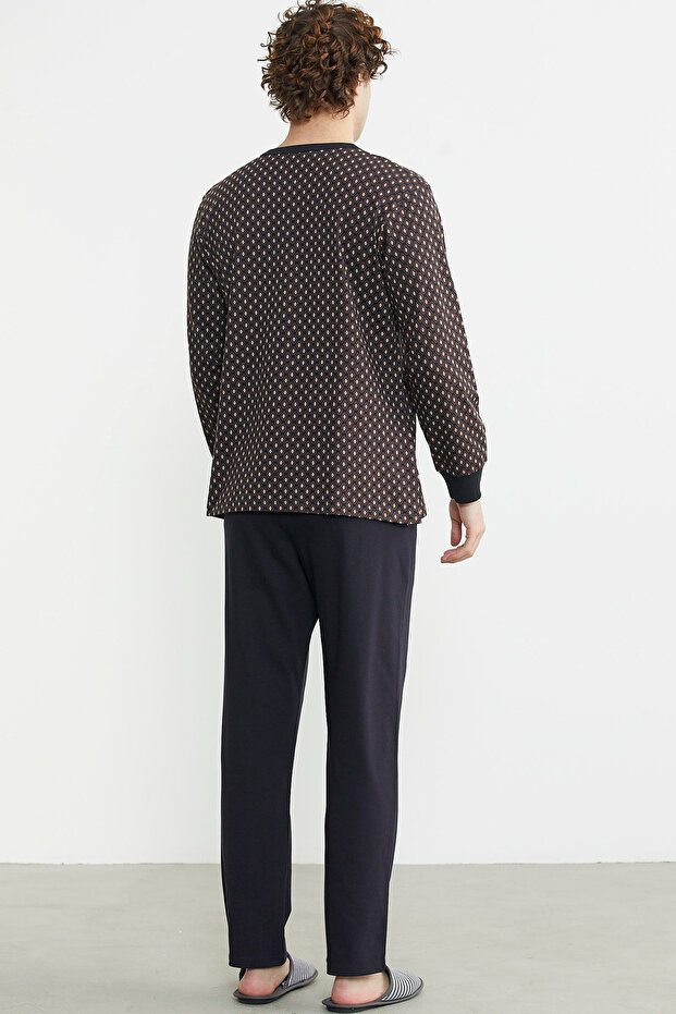 Pattern Combination Pocket Pajama Set - Brown - 6