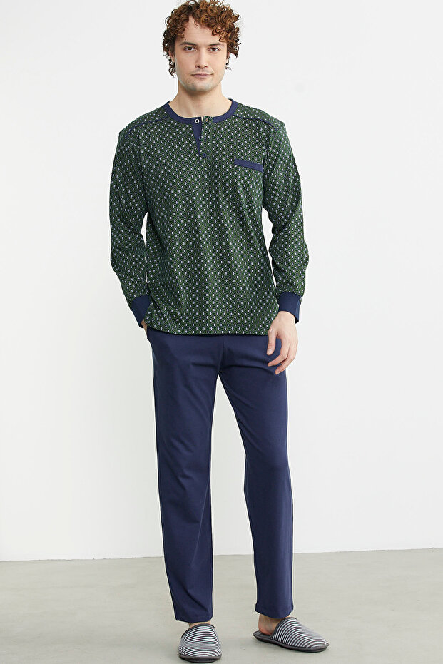 طقم بيجامة بتصميم ياقة بولو - أخضر - 1