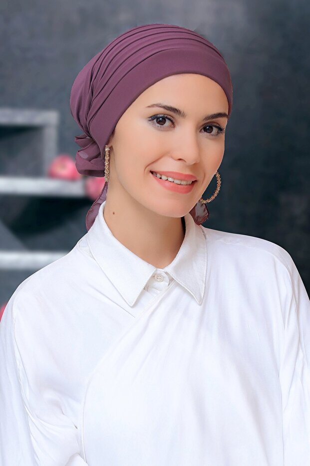 Dusty Rose Practical Ready-made Interlocking Hijab Bonnet Sandy Fabric Pleated Ribbed Rose 1806_18