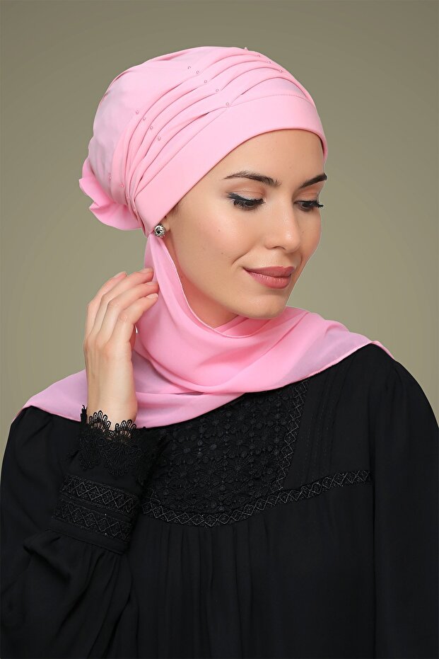 Pink Practical Ready-To-Wear Hijab Bonnet Sandy Fabric Pearl Ribbed Rose Scarf 1805A_04